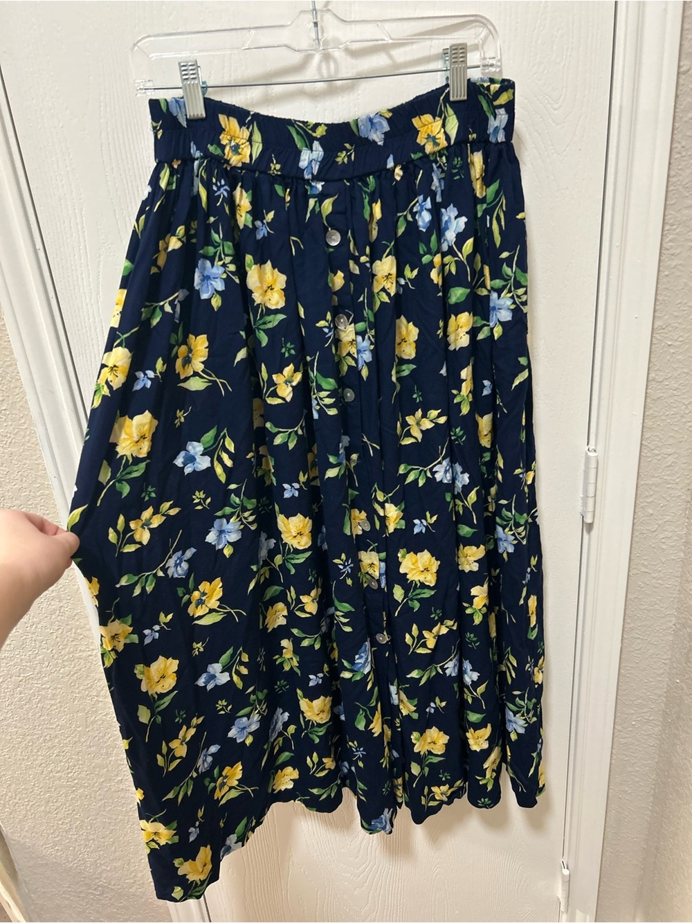 Stonebridge Vintage Blue & Yellow Floral Maxi Skirt Elastic waistband Size Large